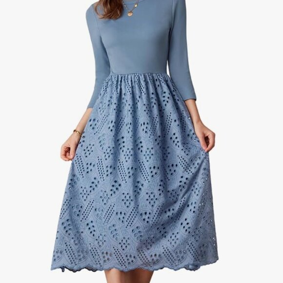 GRACE KARIN Womens Summer 3/4 Sleeve Dress with Pockets Eyelet Dress, Blue, Larg - Picture 5 of 7
